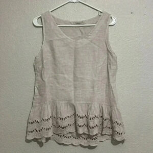VALENTINA NALDI Linen Cream Tank Top Sleeveless Peplum Eyelet Blouse